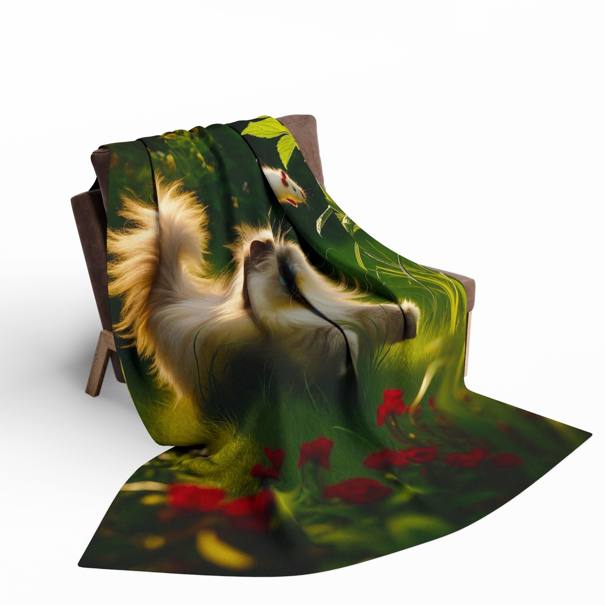 Fleece Blanket - Cat Playing in the Garden with a Mouse