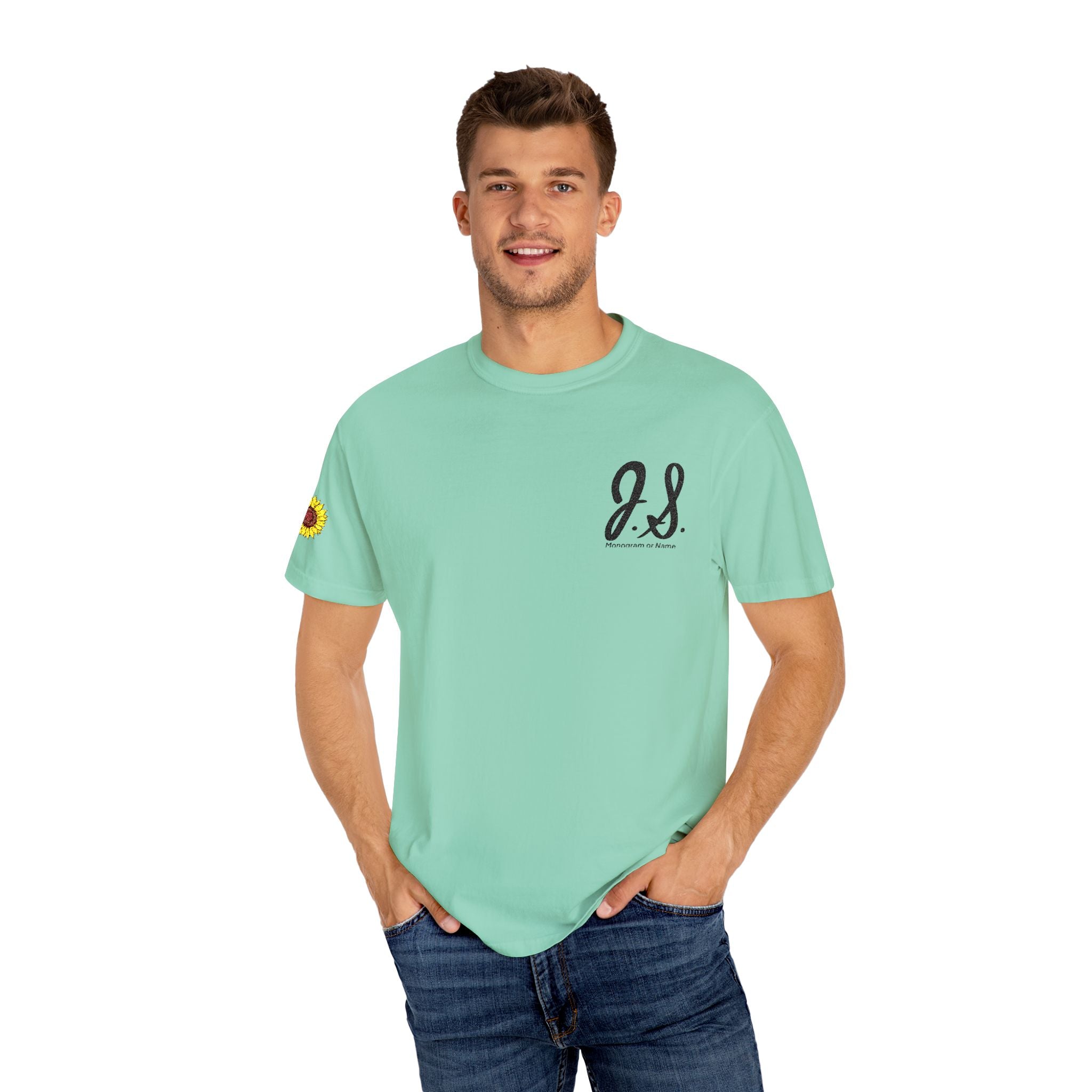 Embroidered Sunflower Monogrammed Unisex T-shirt | Casual Wear, Summer Outfits, Eco-Friendly Fashion, Unique Gift Idea, Vacation Style