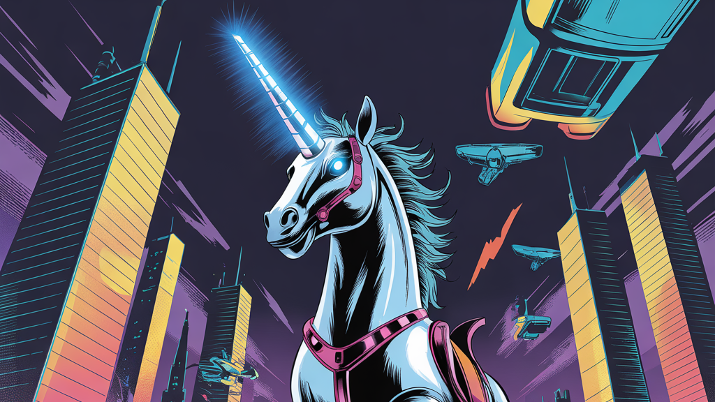 Unicorn with a sword in a futuristic cityscape with neon lights