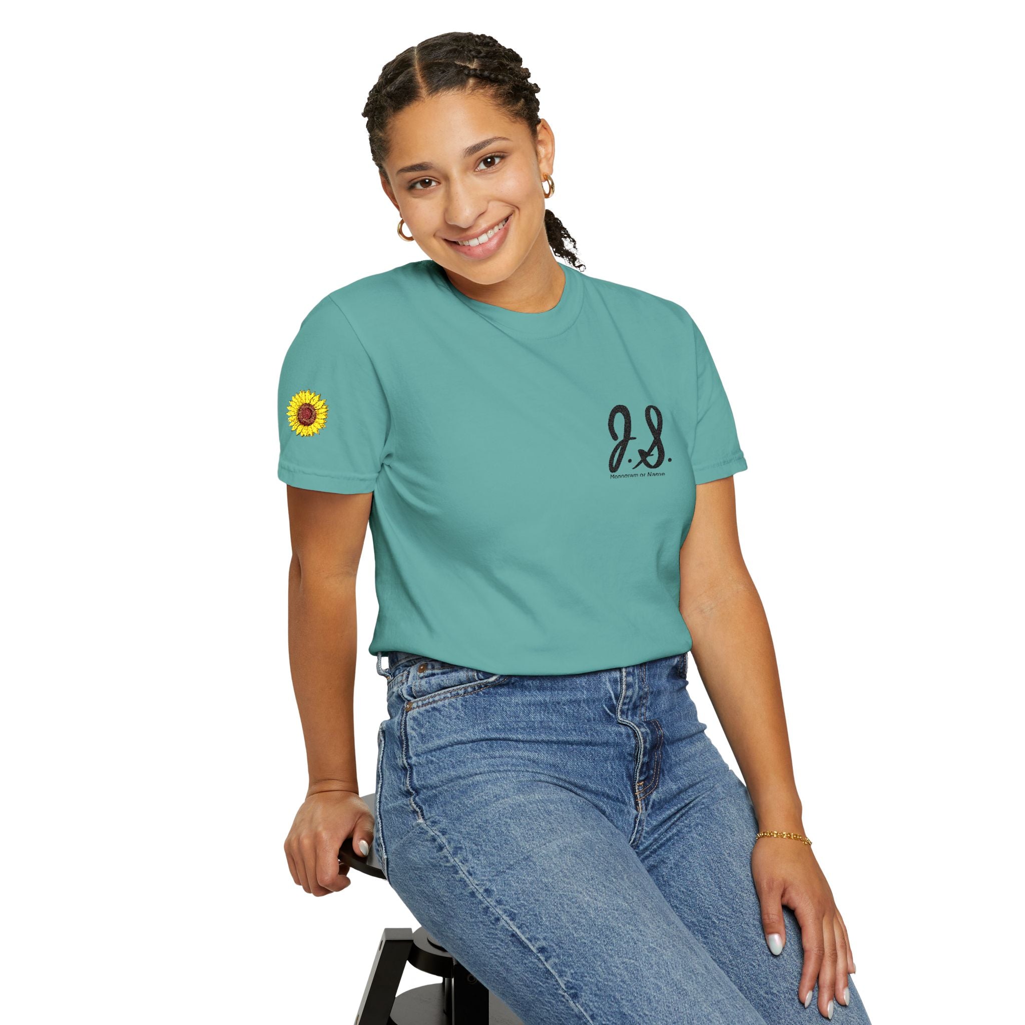 Embroidered Sunflower Monogrammed Unisex T-shirt | Casual Wear, Summer Outfits, Eco-Friendly Fashion, Unique Gift Idea, Vacation Style