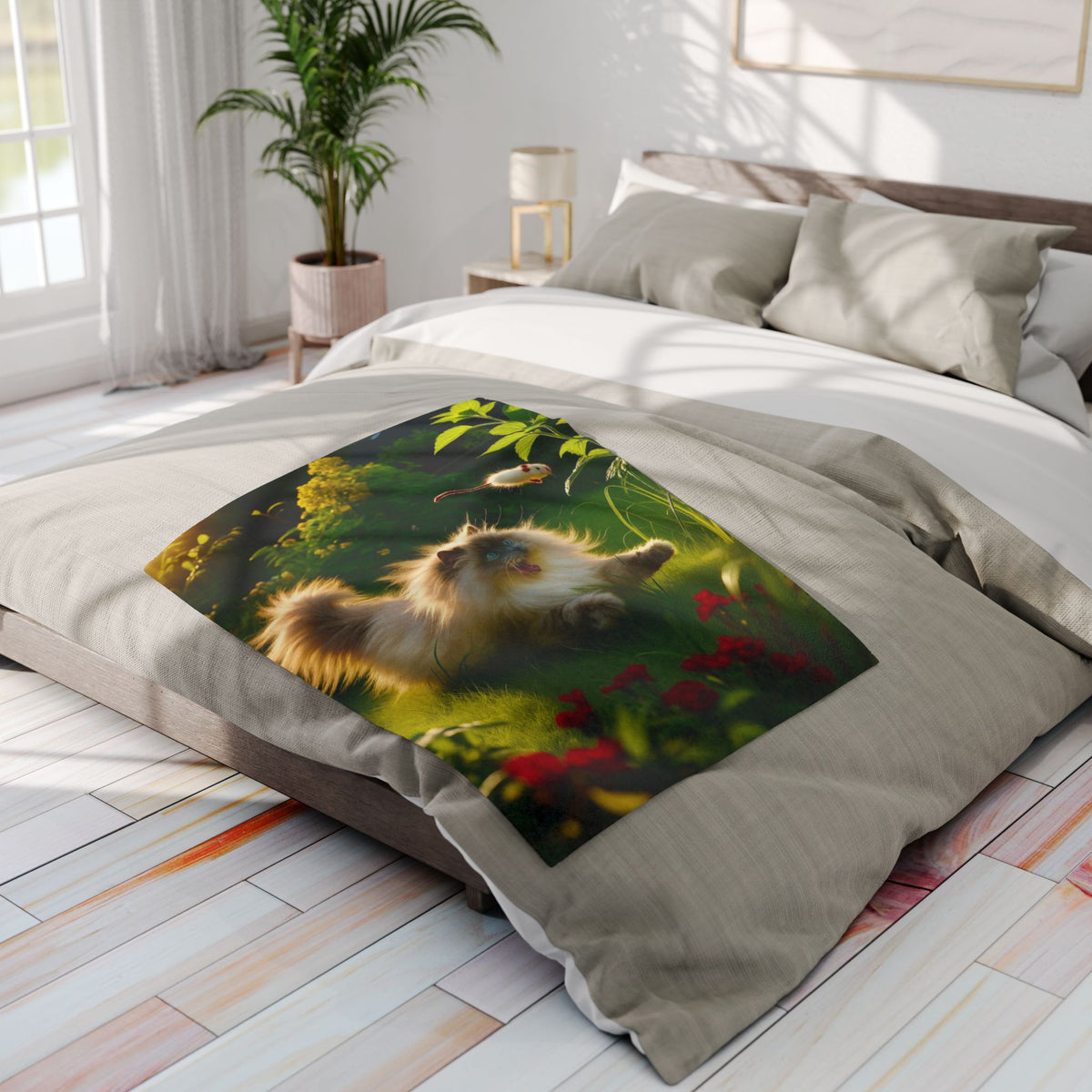 Fleece Blanket - Cat Playing in the Garden with a Mouse