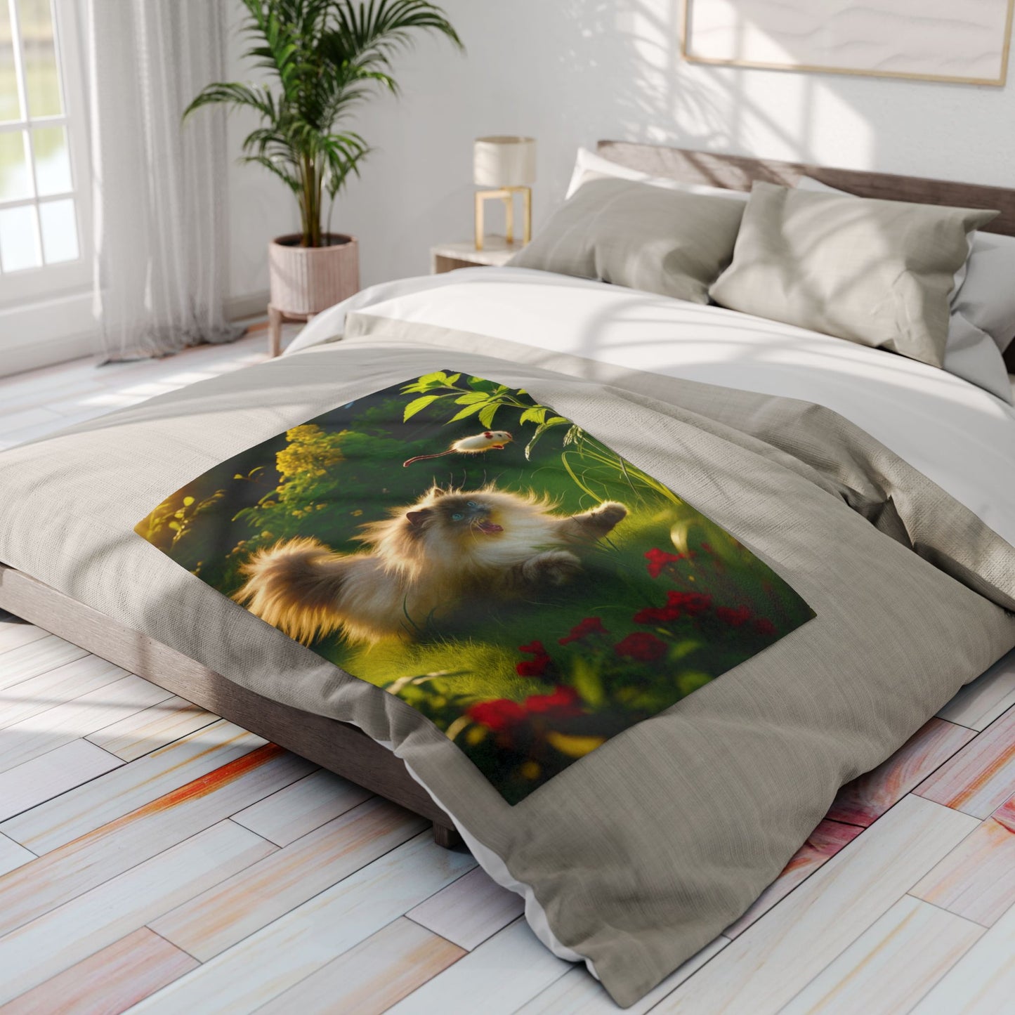 Fleece Blanket - Cat Playing in the Garden with a Mouse