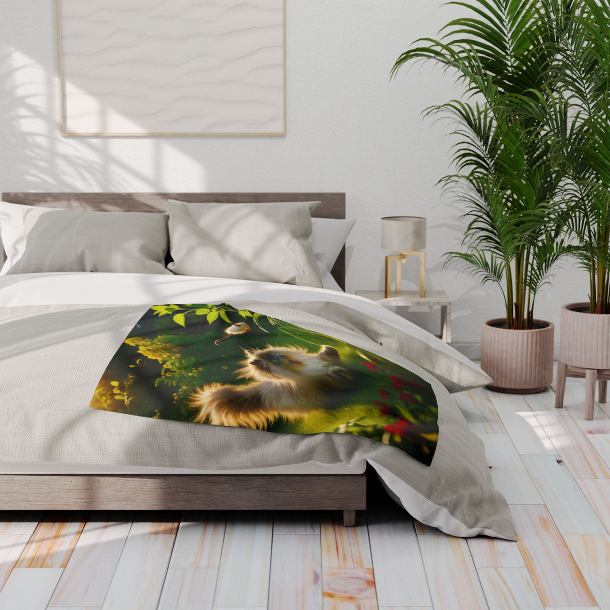 Fleece Blanket - Cat Playing in the Garden with a Mouse