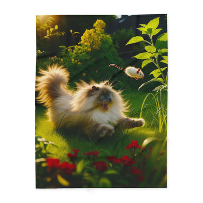 Fleece Blanket - Cat Playing in the Garden with a Mouse