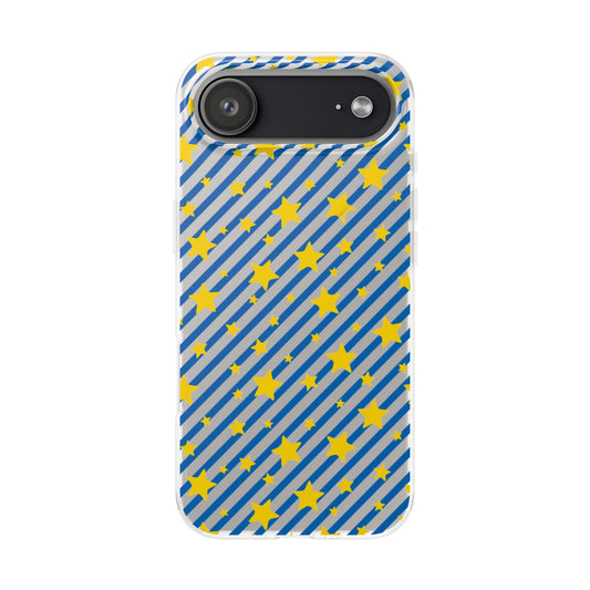 iPhone 16 and 17 Frosted Flexi Phone Case Blue Diagonal Stripe with Yellow Stars Clear