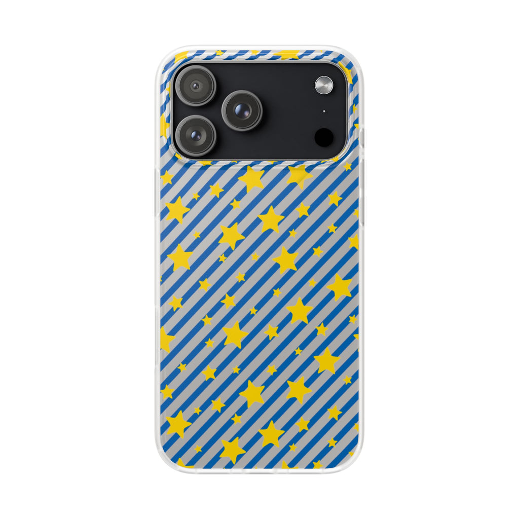 iPhone 16 and 17 Frosted Flexi Phone Case Blue Diagonal Stripe with Yellow Stars Clear