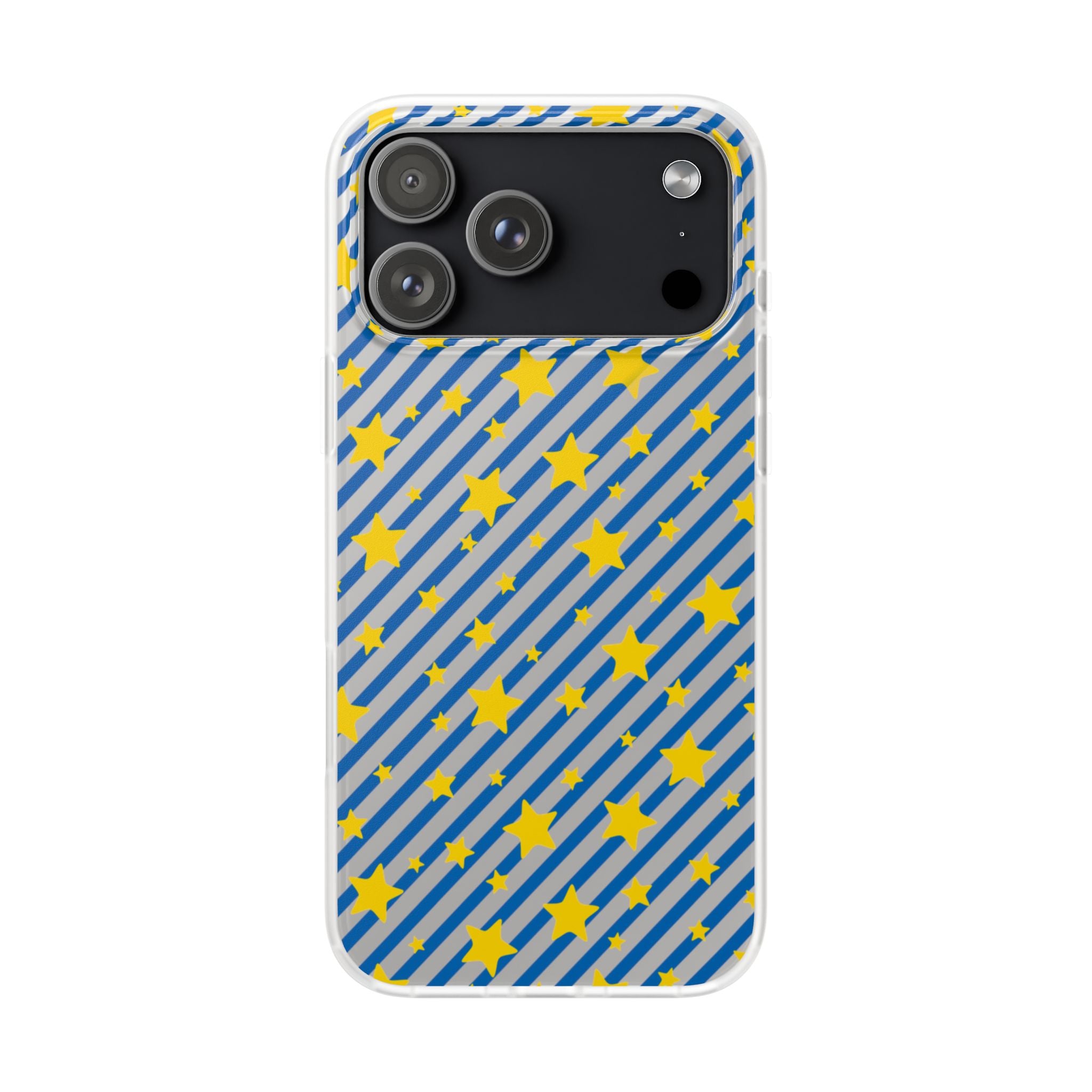 iPhone 16 and 17 Frosted Flexi Phone Case Blue Diagonal Stripe with Yellow Stars Clear