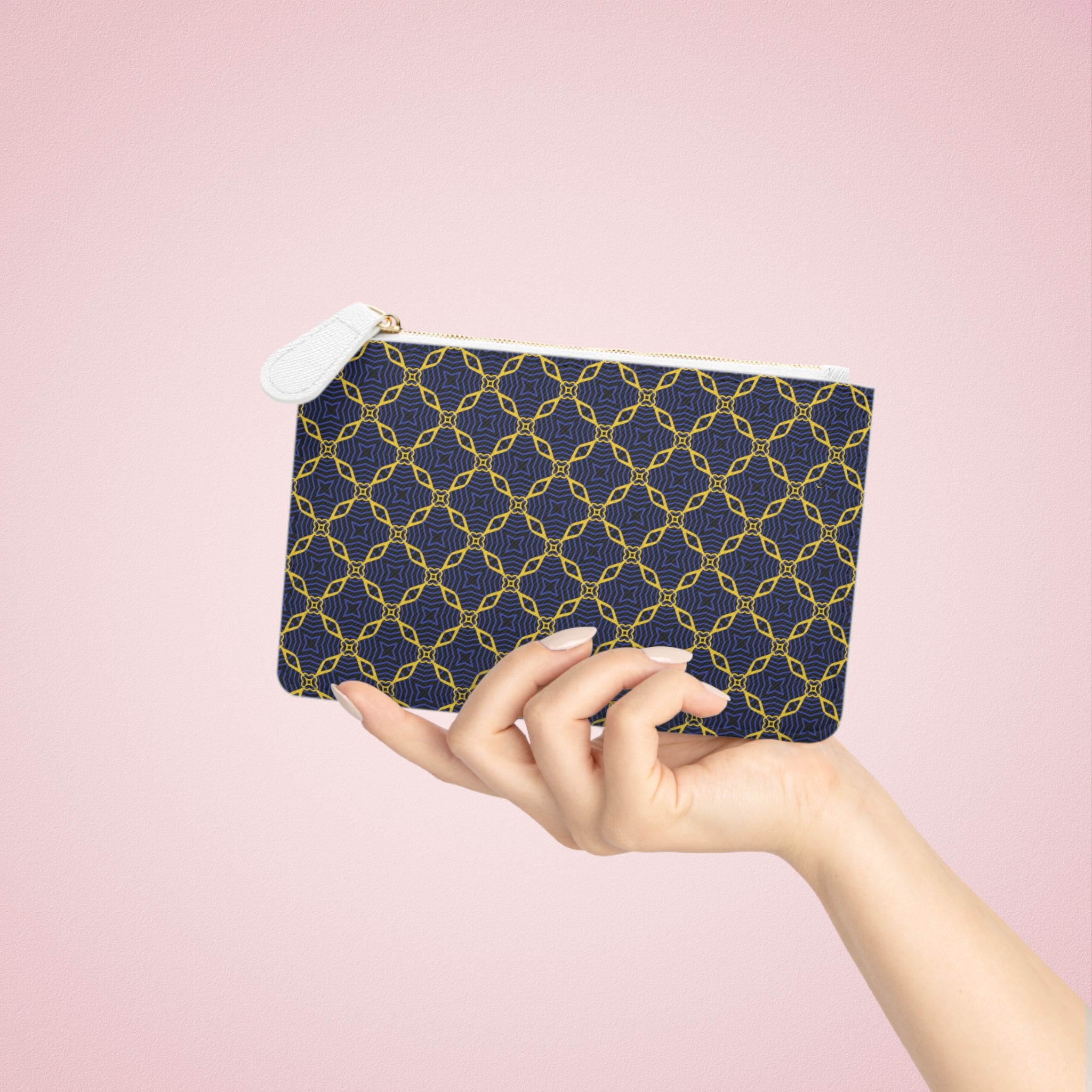 Navy & Gold Chain Pattern Mini Clutch Bag Elegant Geometric Zip Pouch