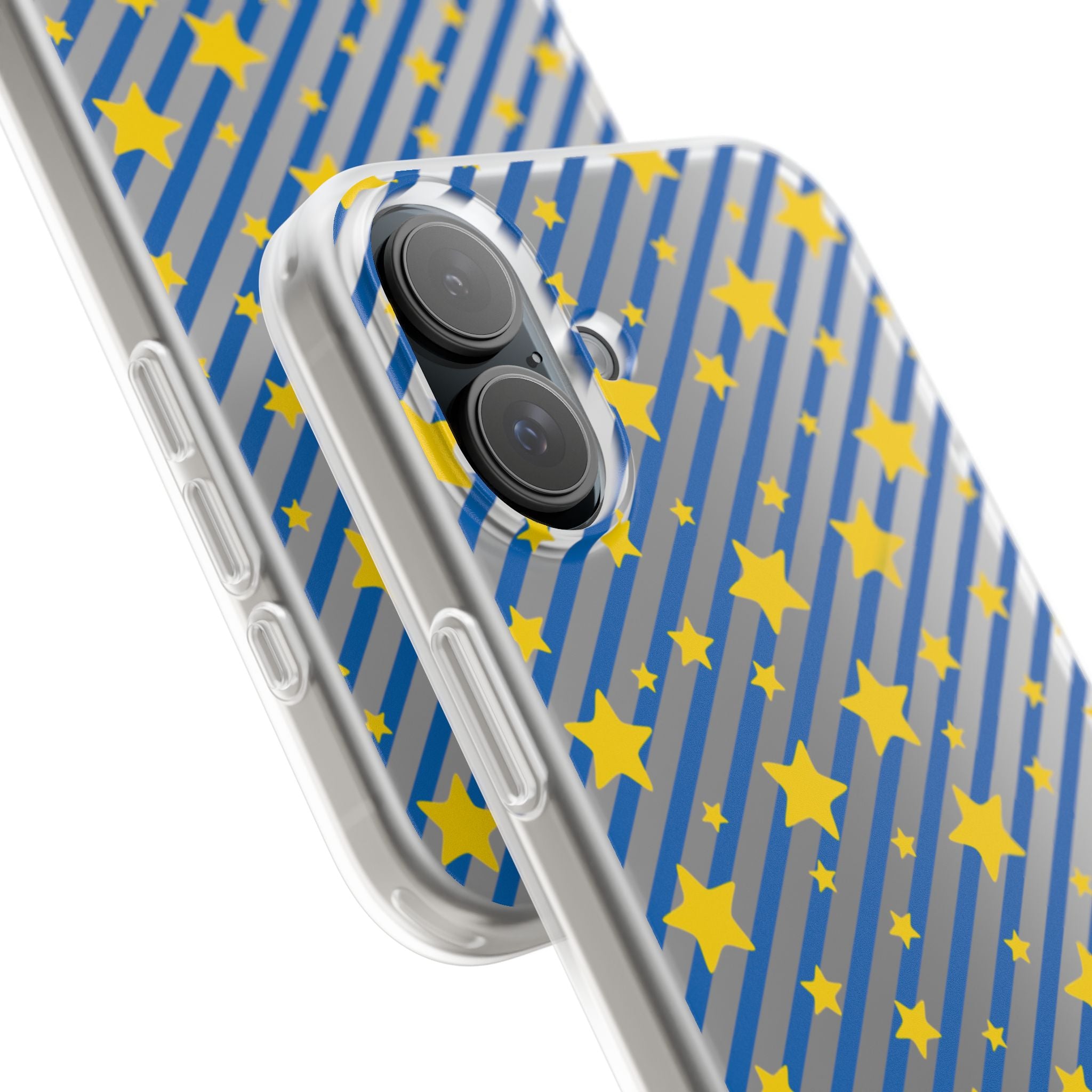 iPhone 16 and 17 Frosted Flexi Phone Case Blue Diagonal Stripe with Yellow Stars Clear