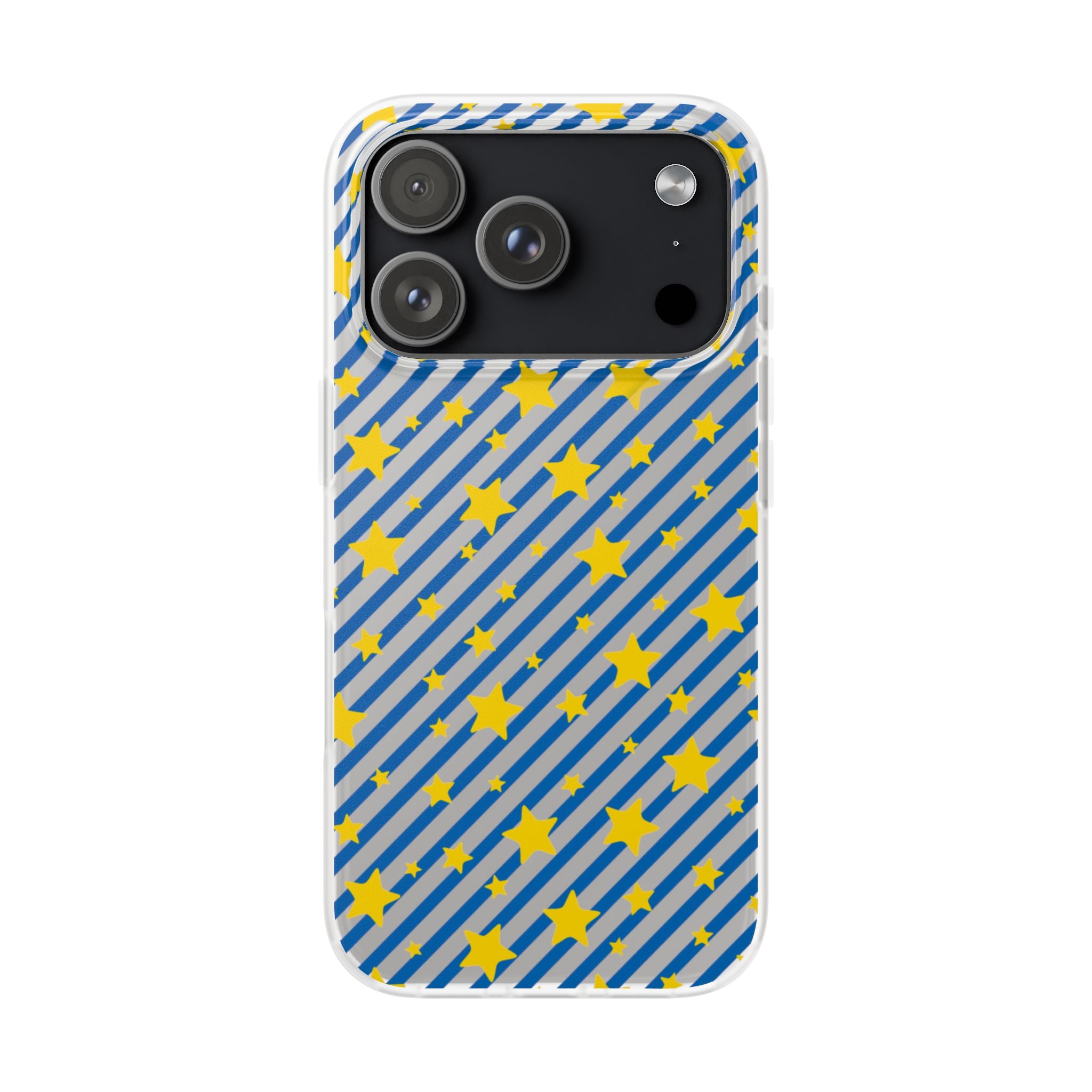 iPhone 16 and 17 Frosted Flexi Phone Case Blue Diagonal Stripe with Yellow Stars Clear