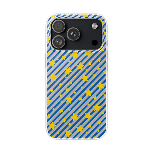 iPhone 16 and 17 Frosted Flexi Phone Case Blue Diagonal Stripe with Yellow Stars Clear