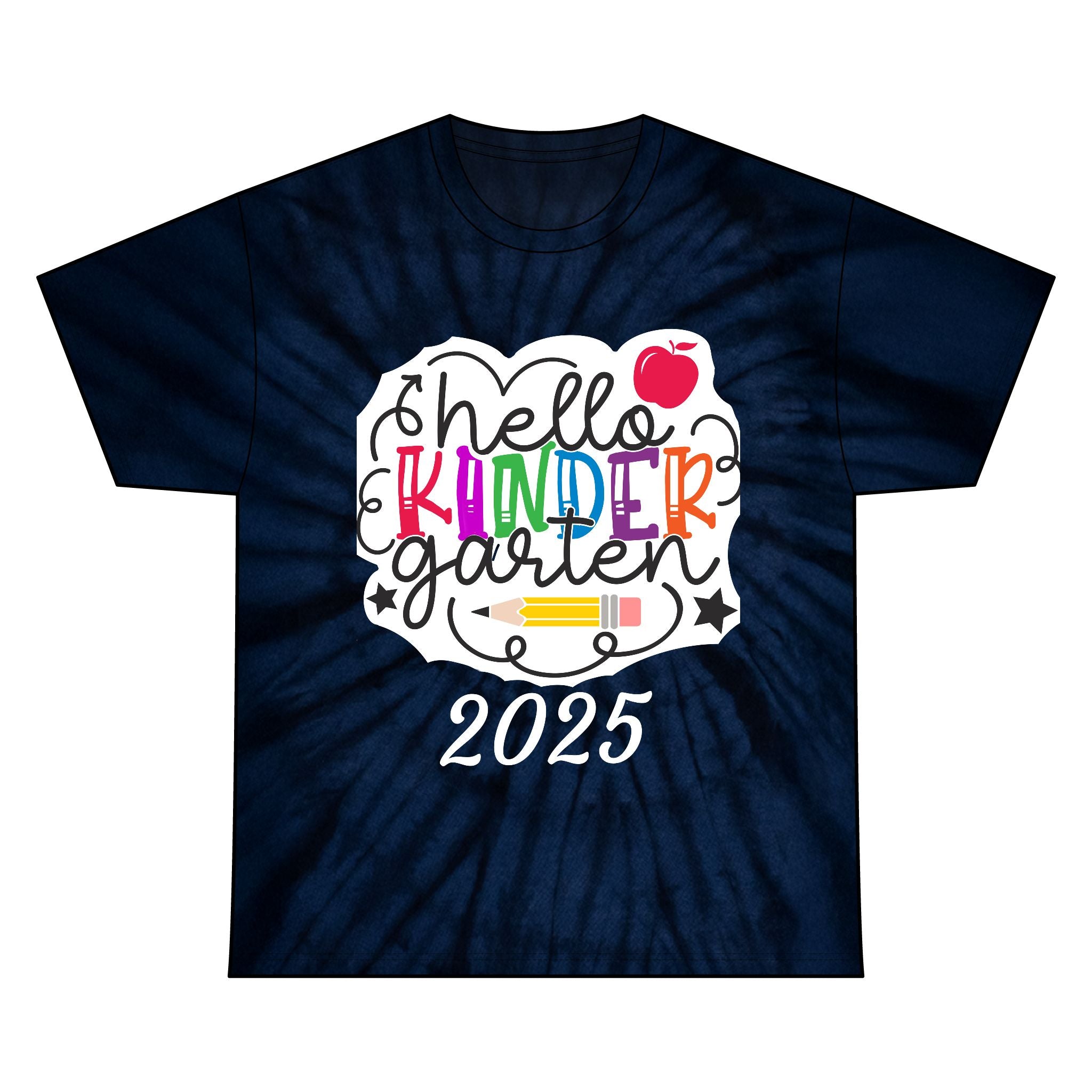 Personalizable Name Hello Kindergarten Tie Dye Tee, Unisex Tie Dye Shirt, Kids Graduation Gift, Back to School Apparel, Summer Camp Outfit, Rainbow Tee
