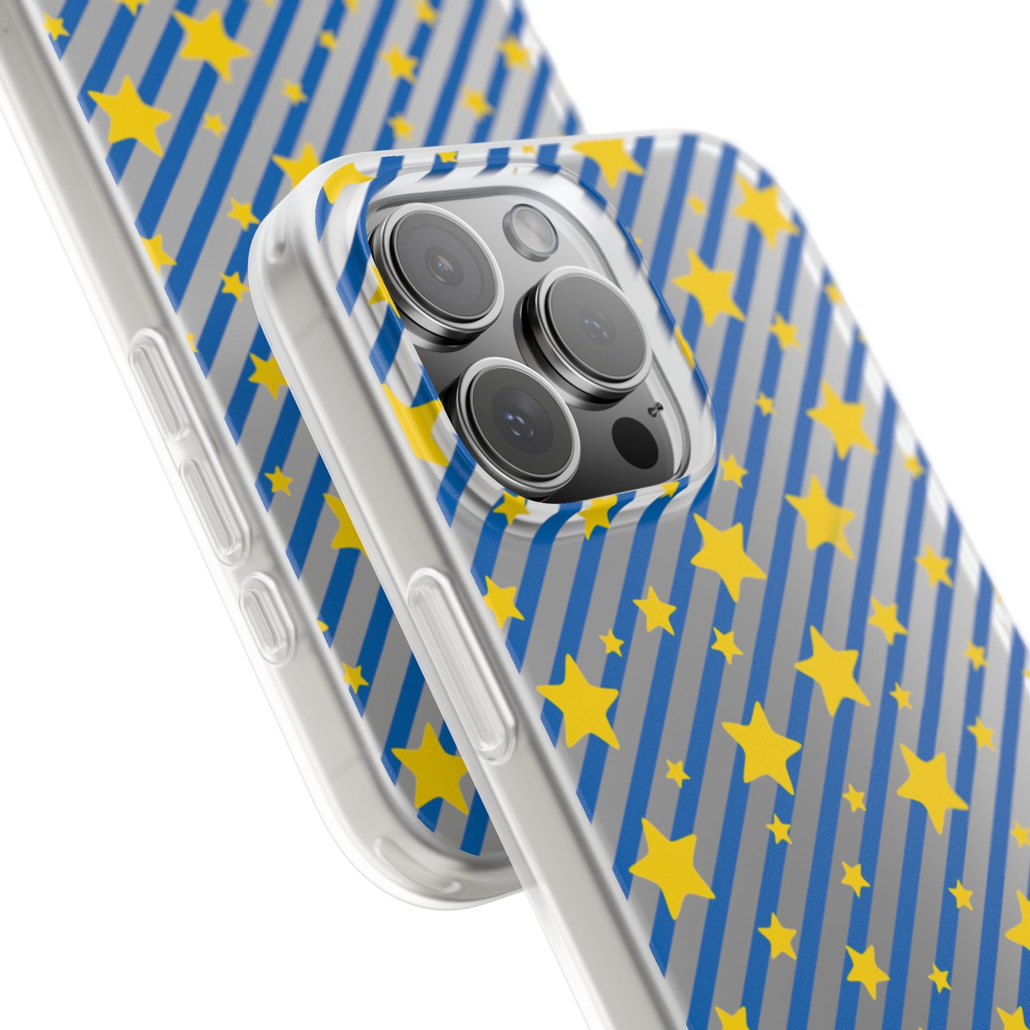 iPhone 16 and 17 Frosted Flexi Phone Case Blue Diagonal Stripe with Yellow Stars Clear