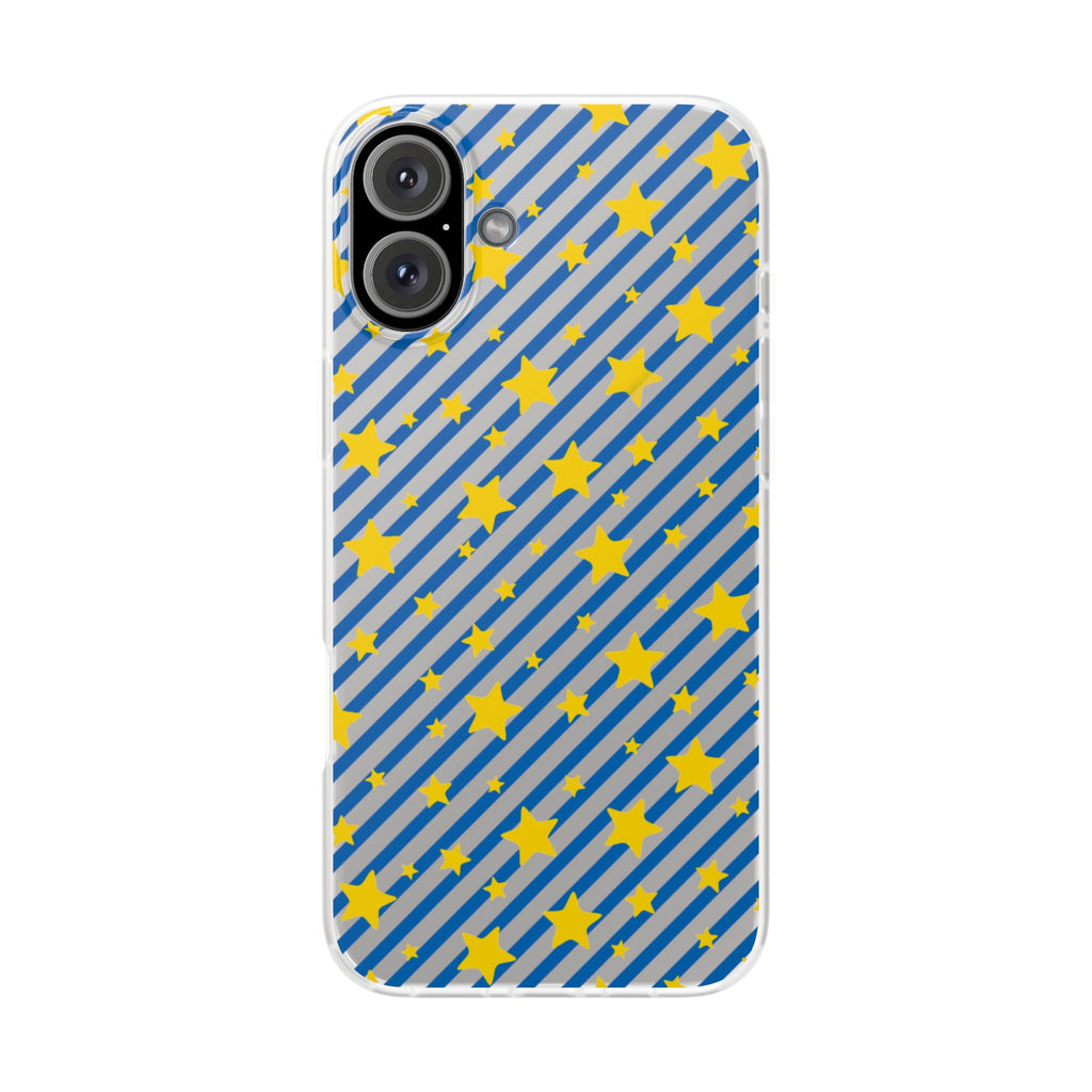 iPhone 16 and 17 Frosted Flexi Phone Case Blue Diagonal Stripe with Yellow Stars Clear