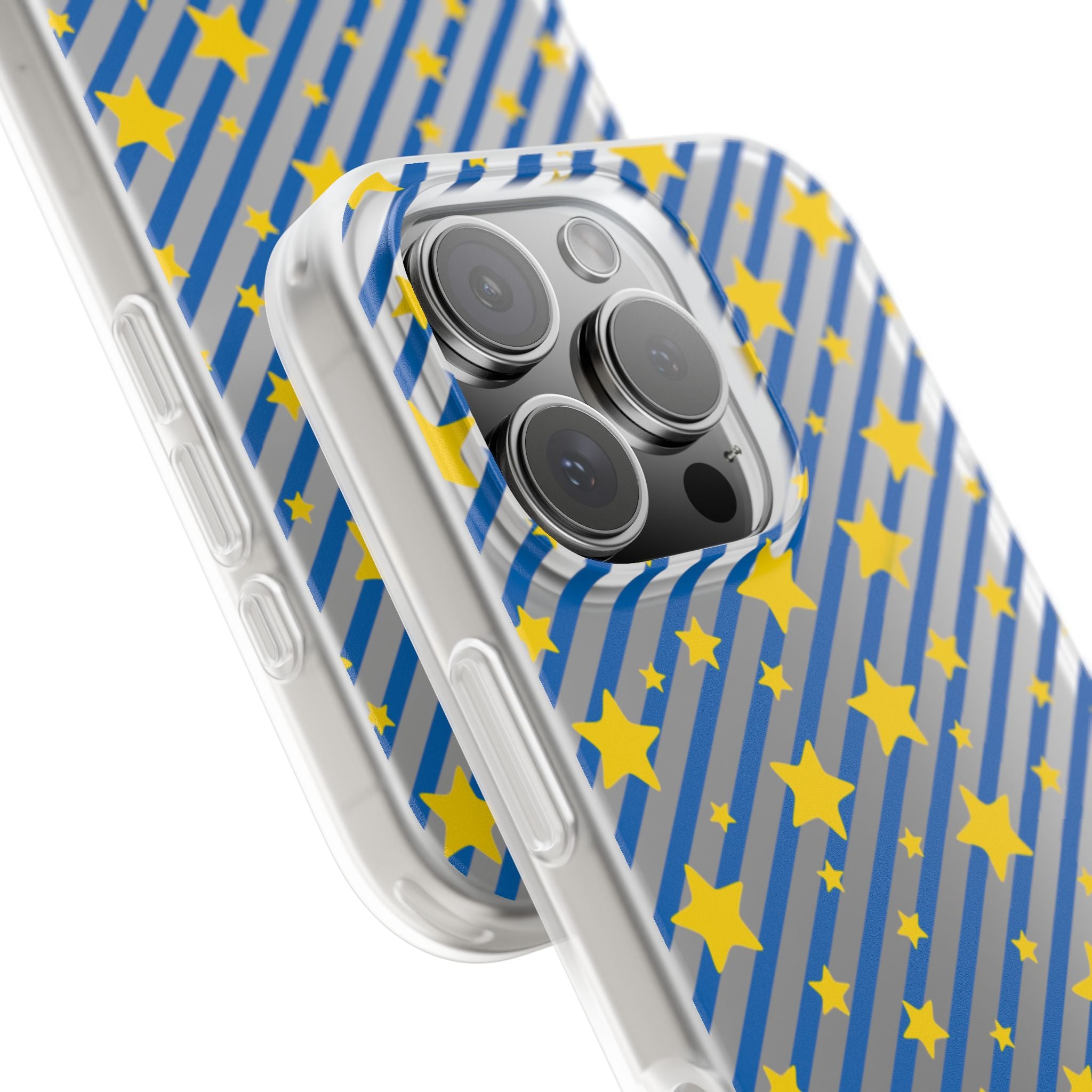 iPhone 16 and 17 Frosted Flexi Phone Case Blue Diagonal Stripe with Yellow Stars Clear