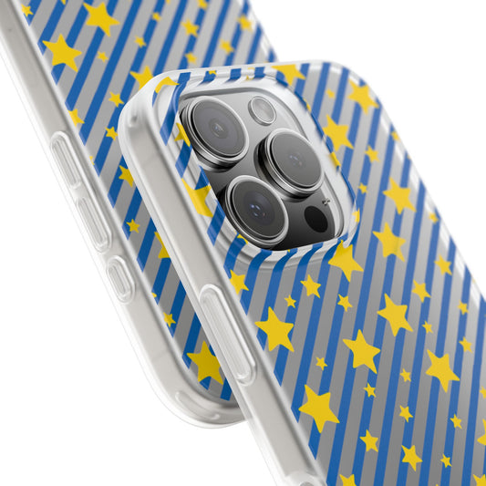 iPhone 16 and 17 Frosted Flexi Phone Case Blue Diagonal Stripe with Yellow Stars Clear