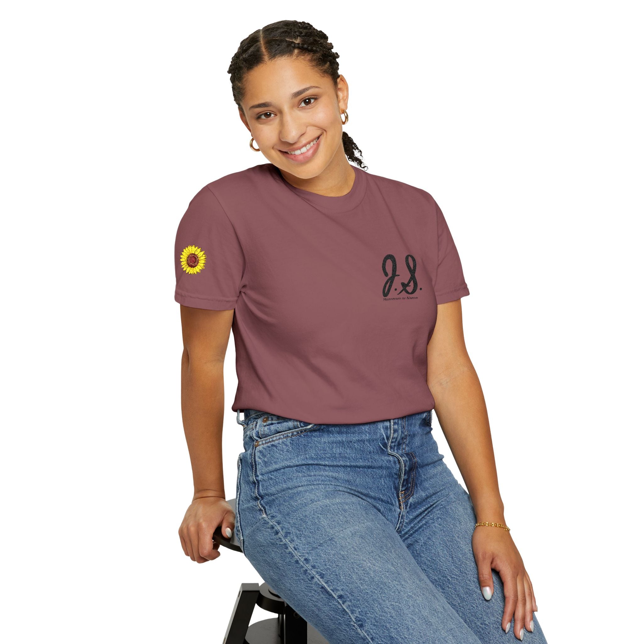Embroidered Sunflower Monogrammed Unisex T-shirt | Casual Wear, Summer Outfits, Eco-Friendly Fashion, Unique Gift Idea, Vacation Style