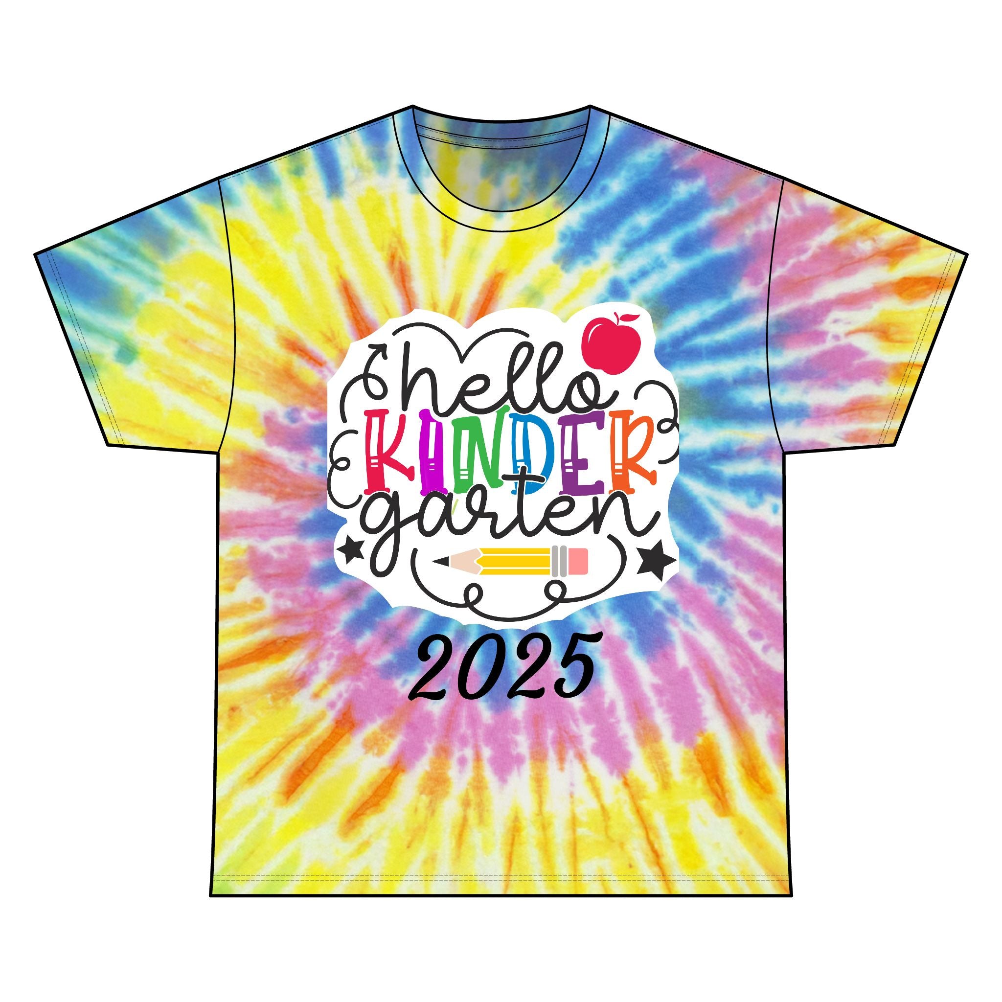 Personalizable Name Hello Kindergarten Tie Dye Tee, Unisex Tie Dye Shirt, Kids Graduation Gift, Back to School Apparel, Summer Camp Outfit, Rainbow Tee