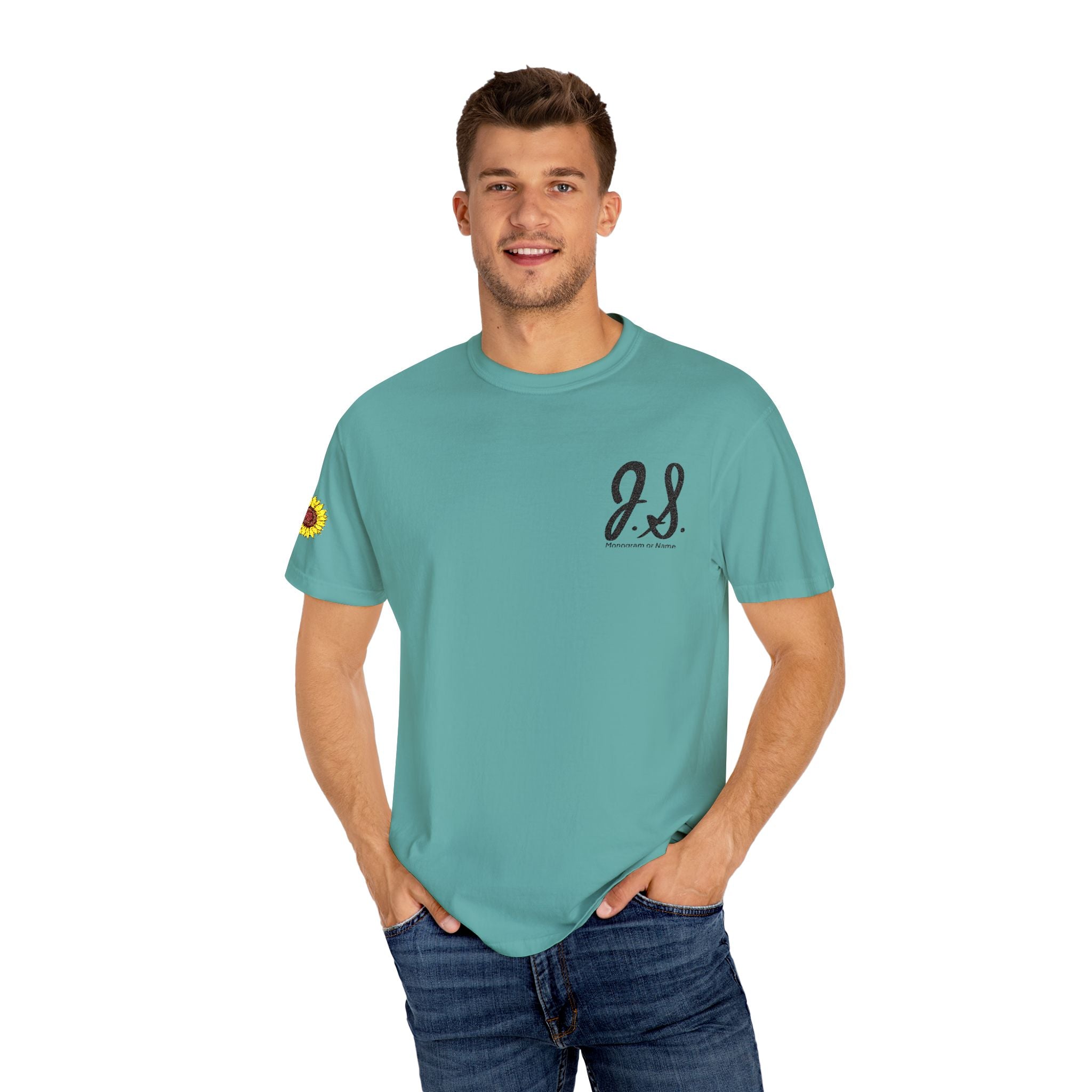 Embroidered Sunflower Monogrammed Unisex T-shirt | Casual Wear, Summer Outfits, Eco-Friendly Fashion, Unique Gift Idea, Vacation Style