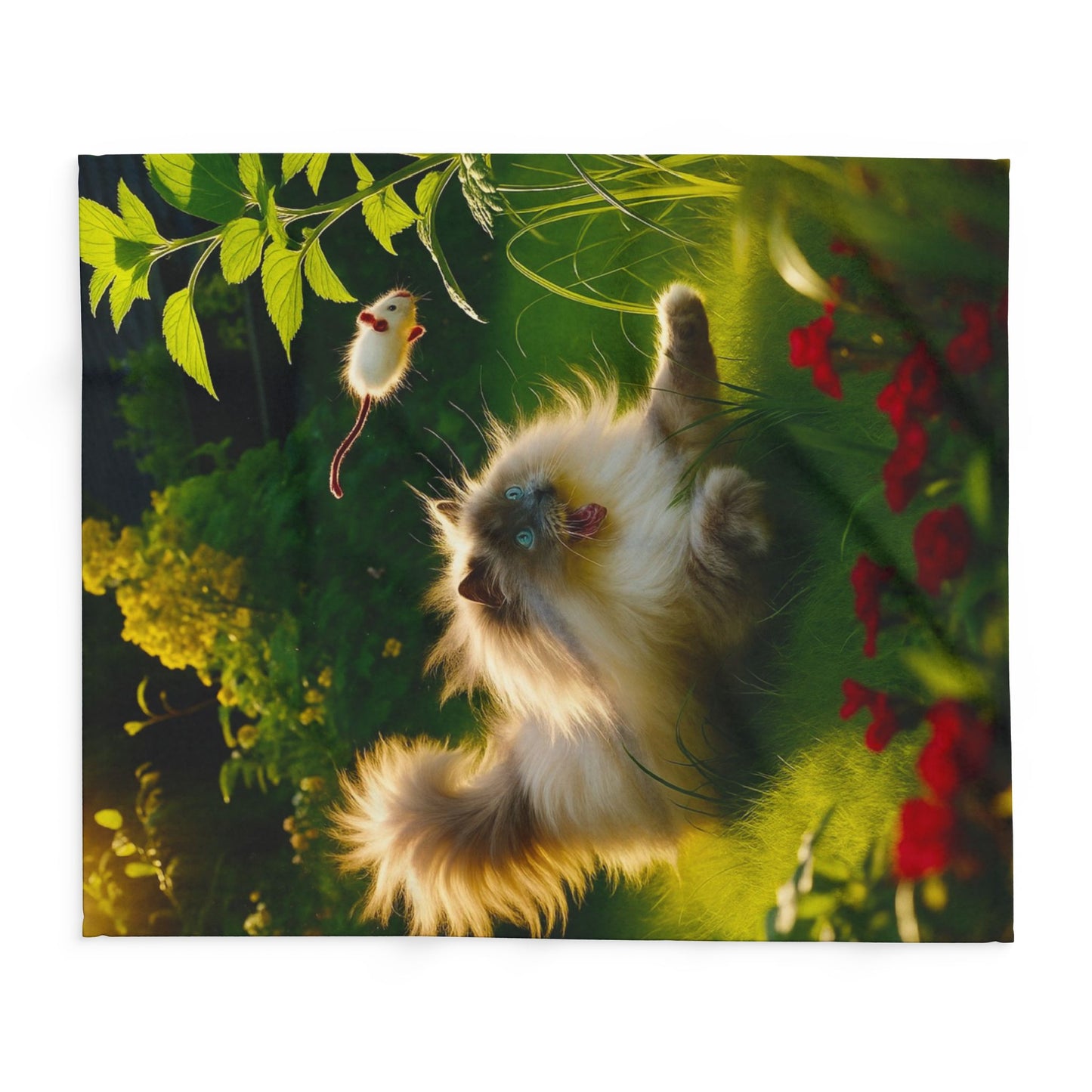 Fleece Blanket - Cat Playing in the Garden with a Mouse