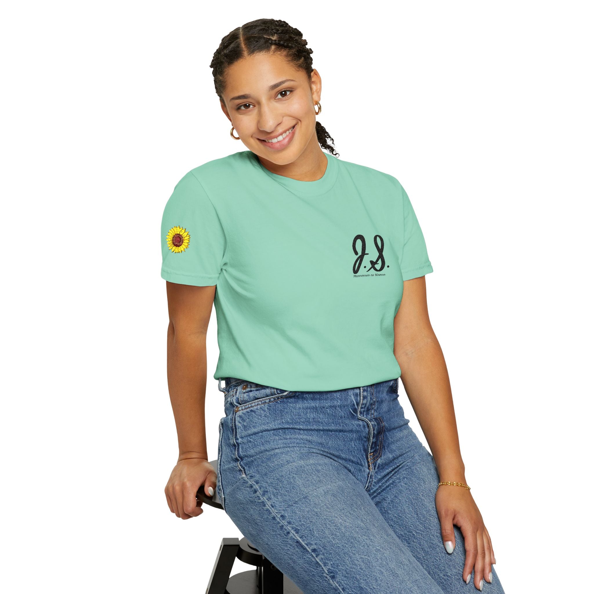 Embroidered Sunflower Monogrammed Unisex T-shirt | Casual Wear, Summer Outfits, Eco-Friendly Fashion, Unique Gift Idea, Vacation Style