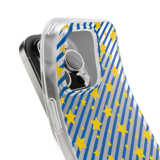 iPhone 16 and 17 Frosted Flexi Phone Case Blue Diagonal Stripe with Yellow Stars Clear
