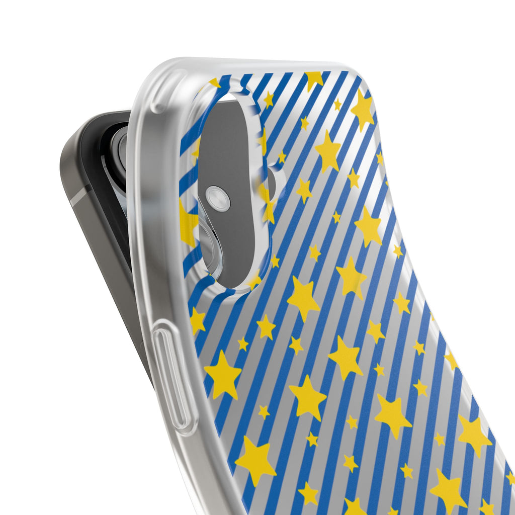 iPhone 16 and 17 Frosted Flexi Phone Case Blue Diagonal Stripe with Yellow Stars Clear
