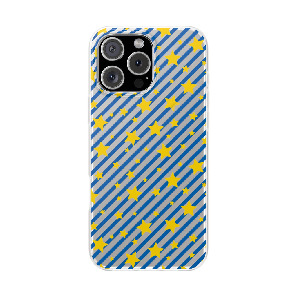 iPhone 16 and 17 Frosted Flexi Phone Case Blue Diagonal Stripe with Yellow Stars Clear