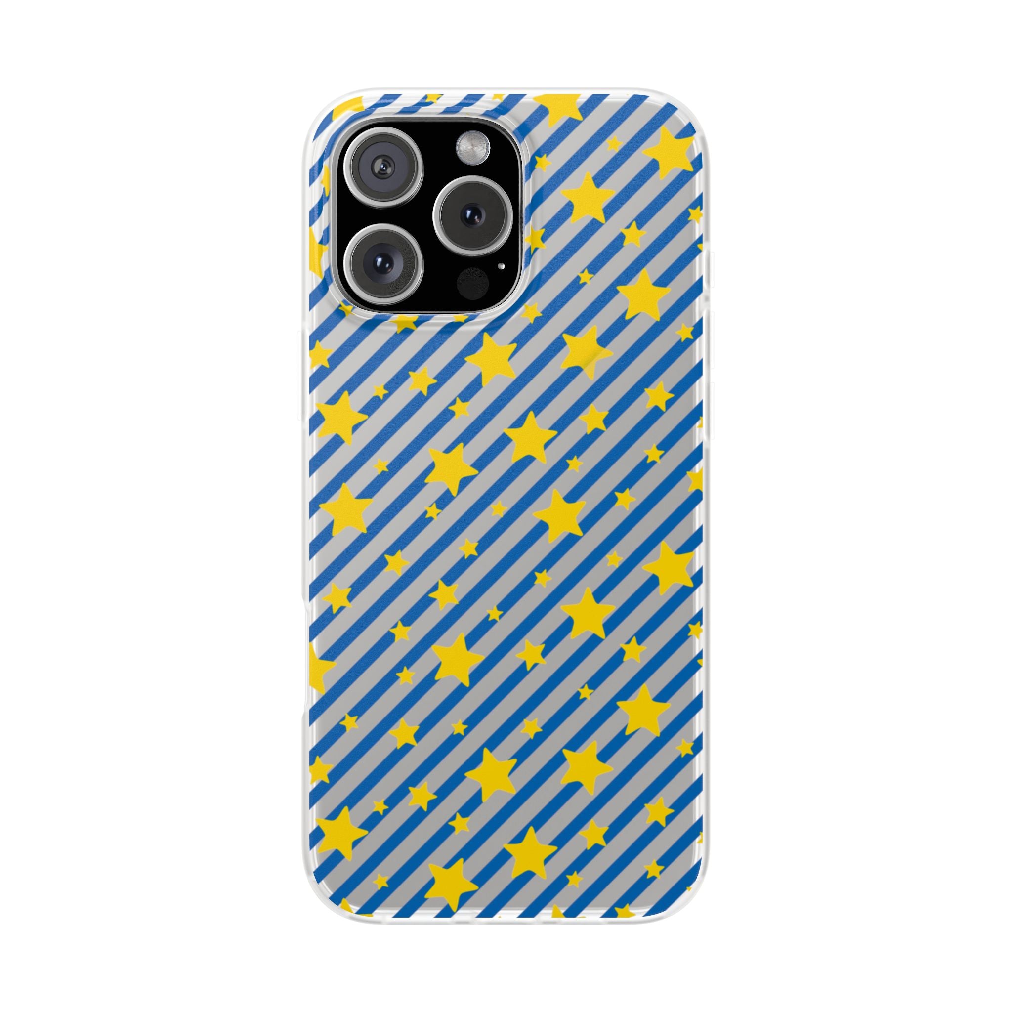 iPhone 16 and 17 Frosted Flexi Phone Case Blue Diagonal Stripe with Yellow Stars Clear