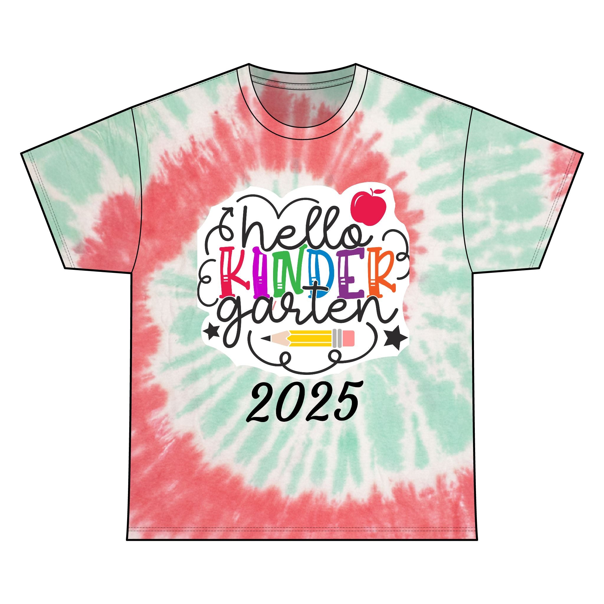 Personalizable Name Hello Kindergarten Tie Dye Tee, Unisex Tie Dye Shirt, Kids Graduation Gift, Back to School Apparel, Summer Camp Outfit, Rainbow Tee