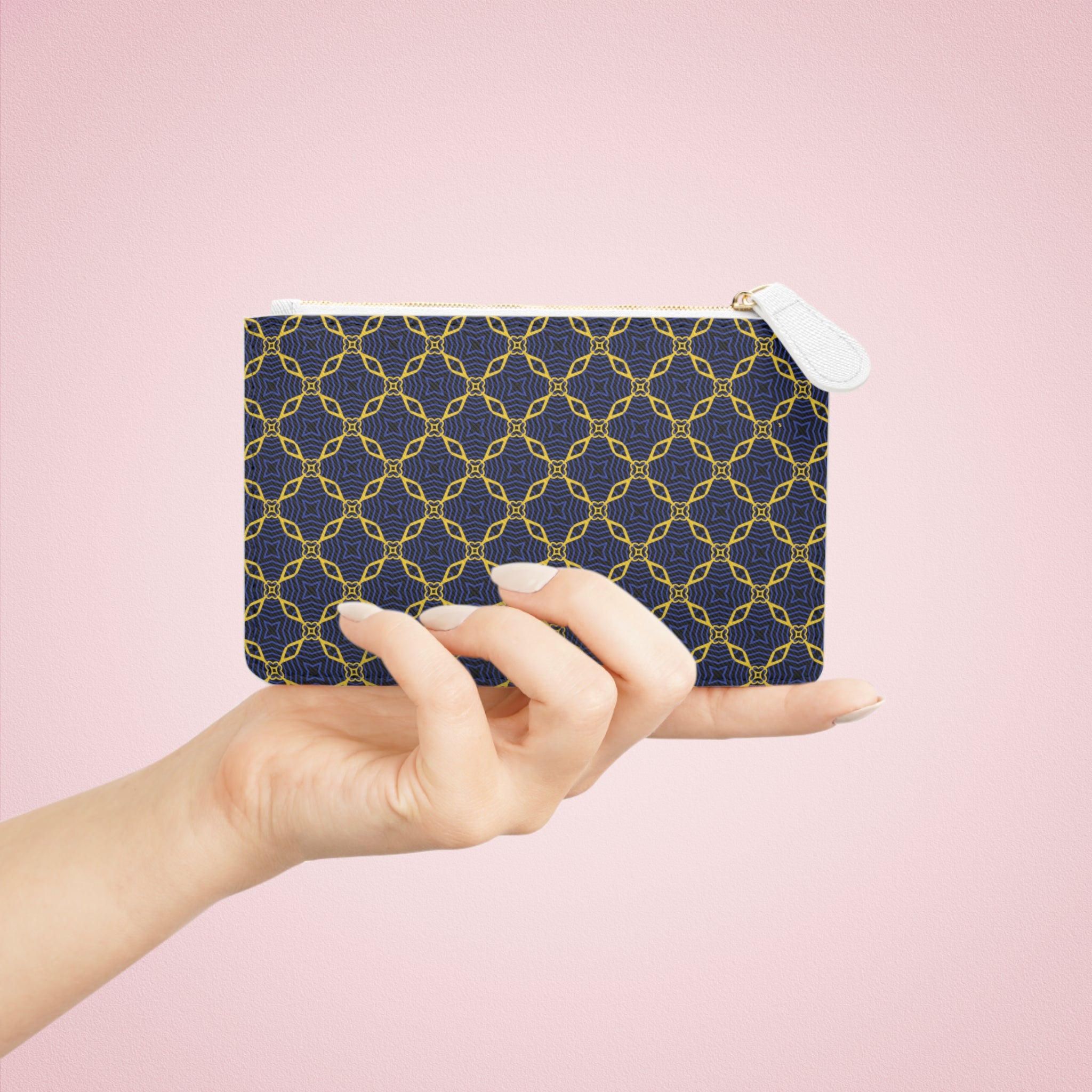 Navy & Gold Chain Pattern Mini Clutch Bag Elegant Geometric Zip Pouch