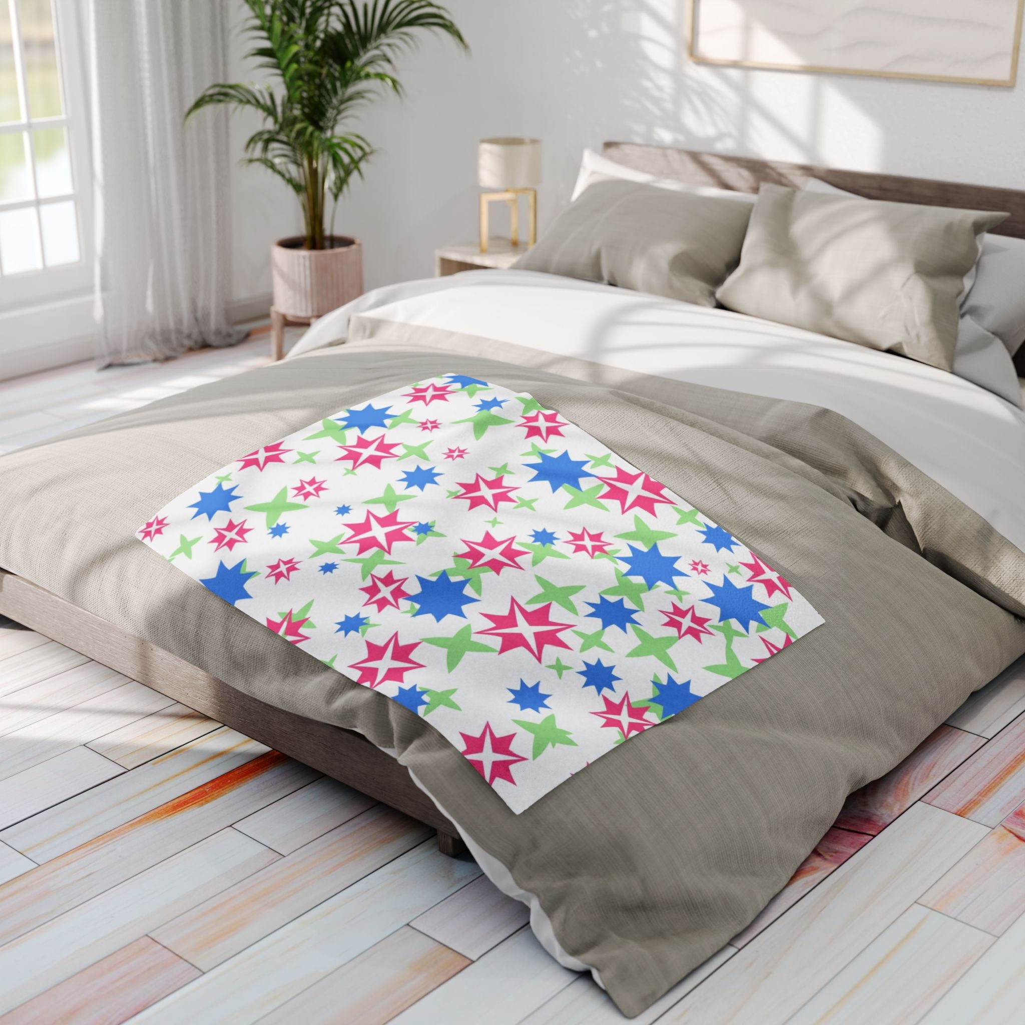 Fleece Blanket Stars Blue Green Pink Design