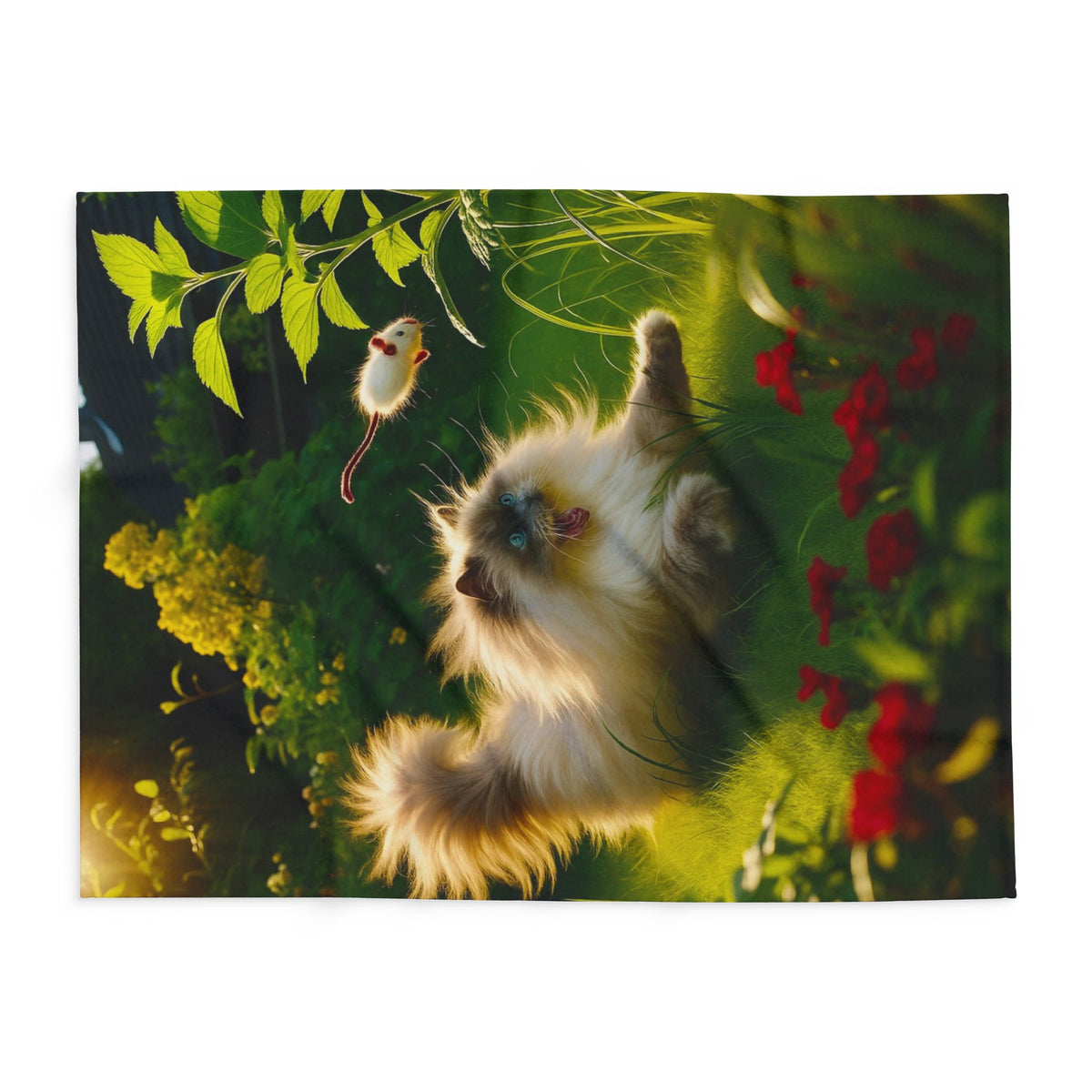 Fleece Blanket - Cat Playing in the Garden with a Mouse