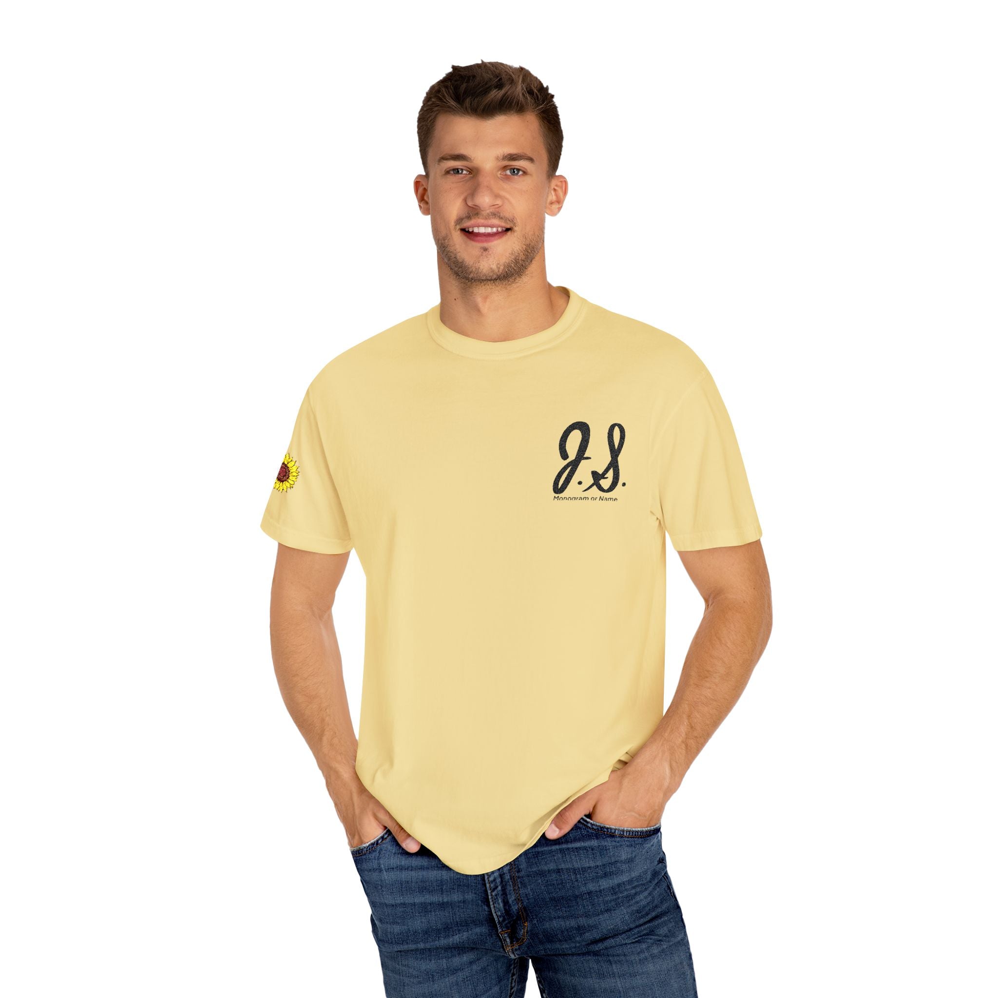 Embroidered Sunflower Monogrammed Unisex T-shirt | Casual Wear, Summer Outfits, Eco-Friendly Fashion, Unique Gift Idea, Vacation Style