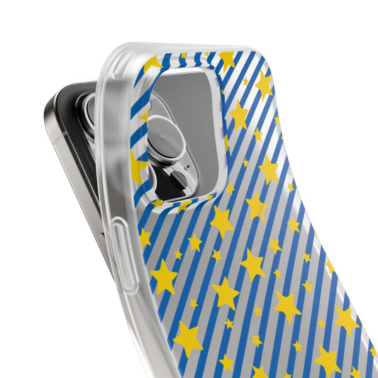 iPhone 16 and 17 Frosted Flexi Phone Case Blue Diagonal Stripe with Yellow Stars Clear