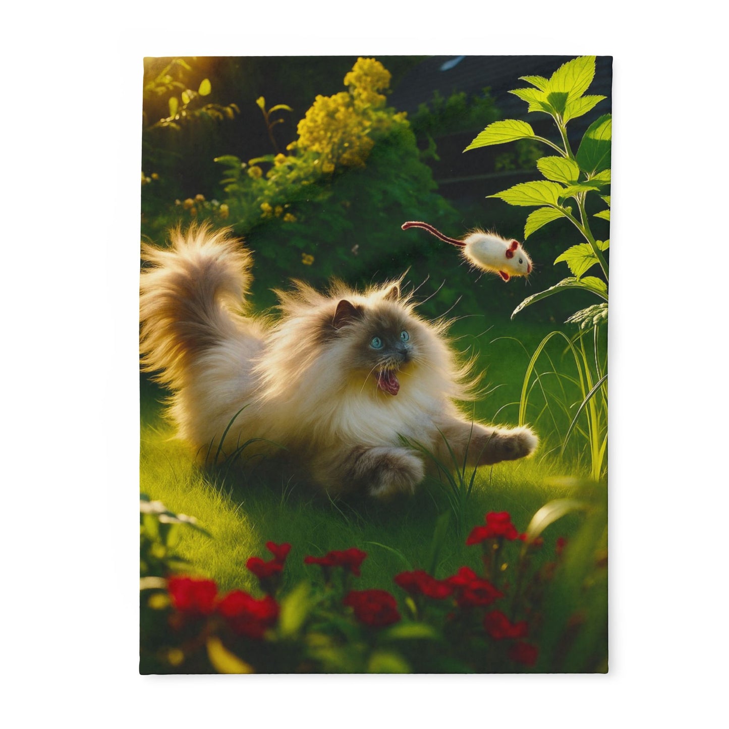 Fleece Blanket - Cat Playing in the Garden with a Mouse