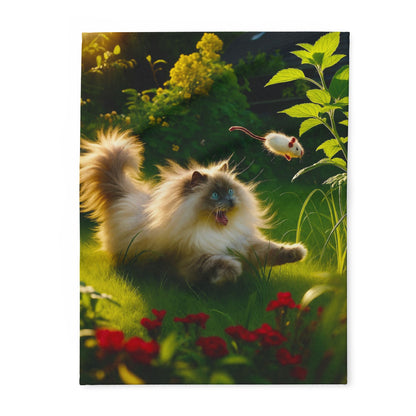 Fleece Blanket - Cat Playing in the Garden with a Mouse
