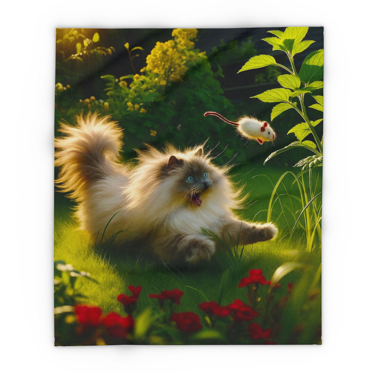 Fleece Blanket - Cat Playing in the Garden with a Mouse