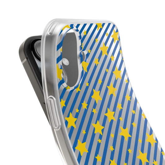 iPhone 16 and 17 Frosted Flexi Phone Case Blue Diagonal Stripe with Yellow Stars Clear
