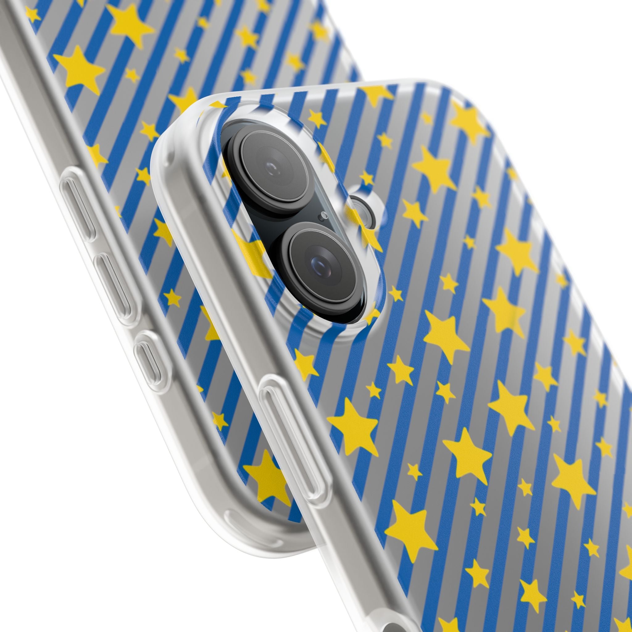 iPhone 16 and 17 Frosted Flexi Phone Case Blue Diagonal Stripe with Yellow Stars Clear