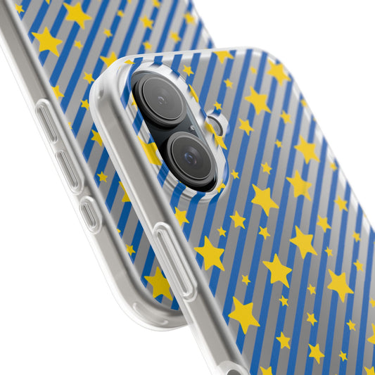 iPhone 16 and 17 Frosted Flexi Phone Case Blue Diagonal Stripe with Yellow Stars Clear