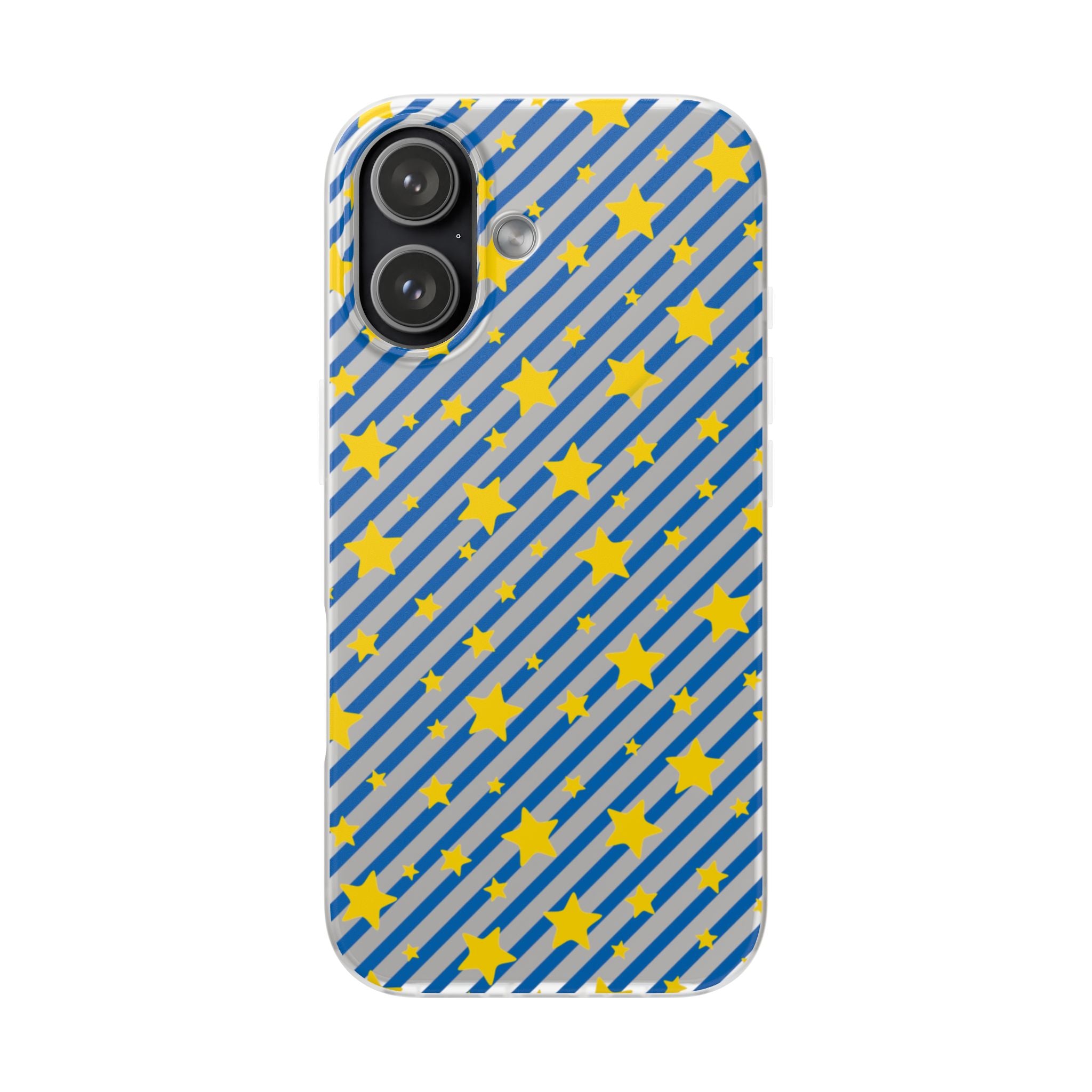 iPhone 16 and 17 Frosted Flexi Phone Case Blue Diagonal Stripe with Yellow Stars Clear
