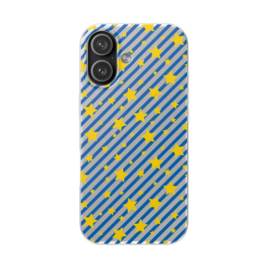 iPhone 16 and 17 Frosted Flexi Phone Case Blue Diagonal Stripe with Yellow Stars Clear