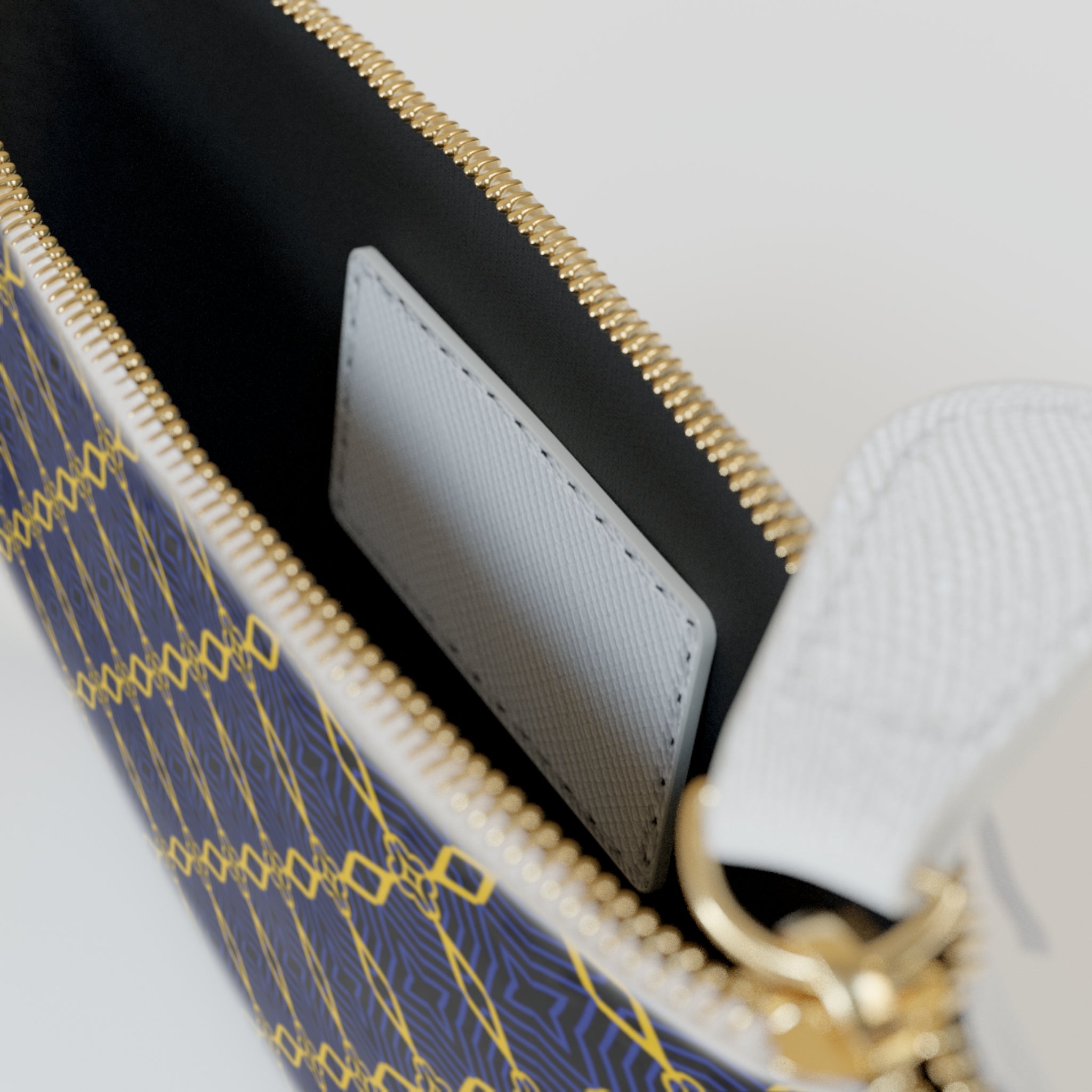 Navy & Gold Chain Pattern Mini Clutch Bag Elegant Geometric Zip Pouch