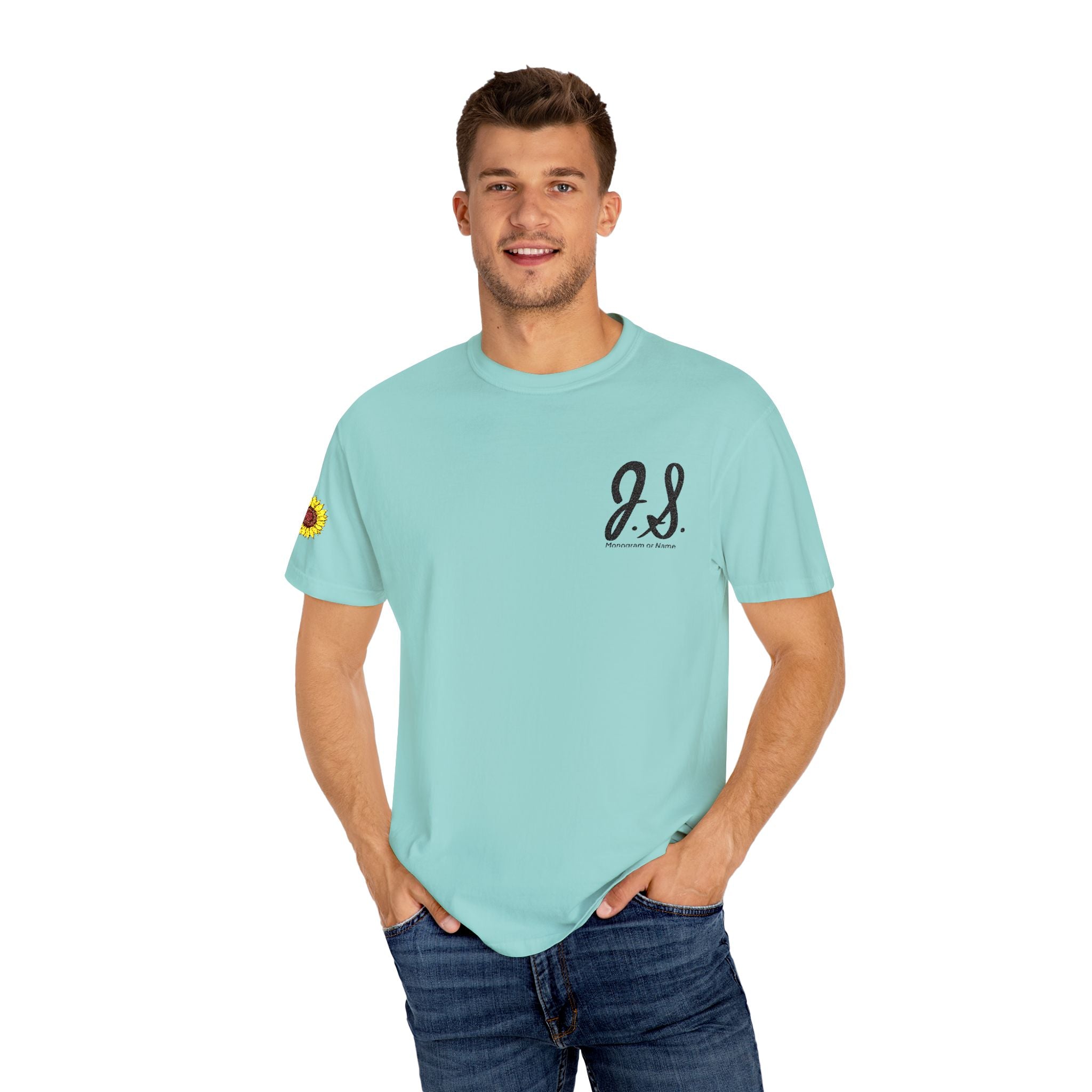 Embroidered Sunflower Monogrammed Unisex T-shirt | Casual Wear, Summer Outfits, Eco-Friendly Fashion, Unique Gift Idea, Vacation Style